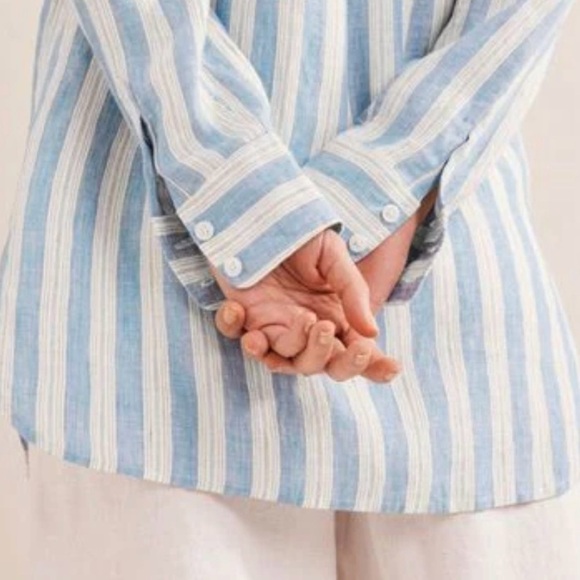 Boden Relaxed Linen Button Down Shirt Porcelain Blue Sparkle Stripe 14R - Picture 7 of 16